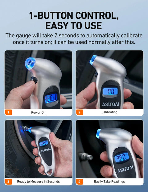 AstroAI digital tire pressure gauge, silver with blue backlit LCD, 0–150 PSI, includes presta valve adaptor
