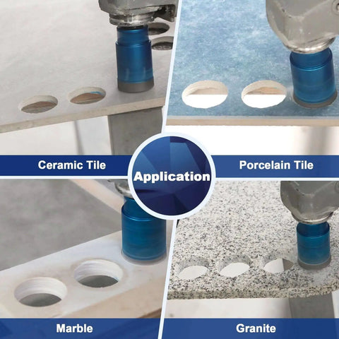Four And A Half Inch Vacuum Brazed Diamond Core Drill Bit For Porcelain Tile Ceramic Marble Granite Dry Drilling With 5 By 8 By 11 Thread And Hole Saw Pro Grade Heavy Duty Tool By BRSCHNITT in use on ceramic, porcelain, marble, and granite surfaces.