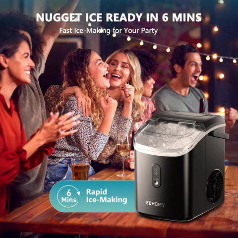 People enjoying drinks with Nugget Ice Maker Countertop With Auto Clean, 34 Lbs Per Day, 6 Min Ready beside them on table