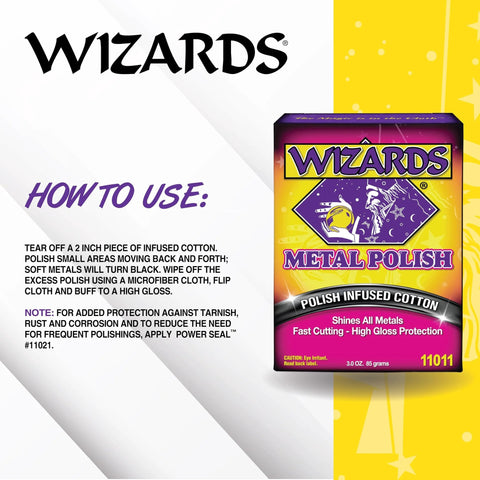 WIZARDS Metal Polish packaging with instructions for use, 3oz size, suitable for all metals with high gloss protection.