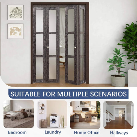 Space-Saving Bi-Fold Doors For 60 By 80 Inch Openings with Ancient Wood Finish and Three-Lite Tempered Frosted Glass in a living space.