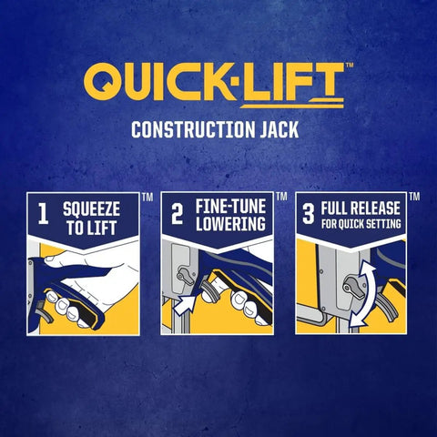 Quick-Lift Construction Jacks illustration showing squeeze to lift, fine-tune lowering, full release for quick setting.