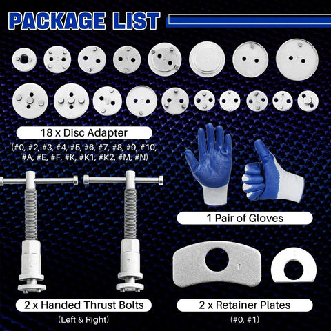 DASBET 24pc heavy-duty disc brake caliper tool set packaging front view with 18 disc adapters, thrust bolts, gloves and plates