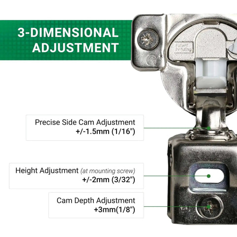 Soft Close Cabinet Hinges With 1-1/4 Inch Overlay For Face Frame Cabinets, Wrap Around Mount, 108 Degree Angle, adjustment view