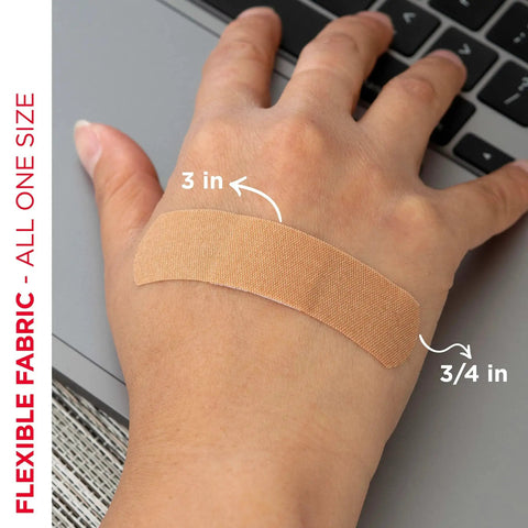 Flexible Fabric Adhesive Bandages for Minor Wounds on hand, showing 1x3 inch size, perfect for first aid, Band-Aid Brand.