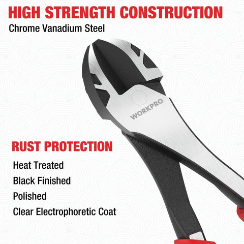 Eight Inch High Leverage Diagonal Pliers For Wire Cutting With Precision Bevel Edges And Built Tough Pro Grade Chrome Vanadium Steel Construction Perfect For Electricians And Hobbyists Workpro close-up on blade and handle, highlighting rust protection features.