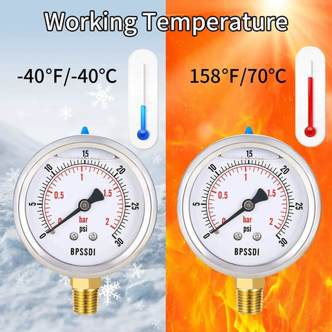 Glycerin Filled Low Pressure Gauge 0 To 30 Psi, 2.5 Inch Dial, Lower Mount One Quarter Inch NPT, 304 Stainless Steel Case, Brass And Stainless Wetted Parts, For Water Pipes HVAC Oil And Air Pressure Tests BPSSDI showing working temperature range -40°F to 158°F