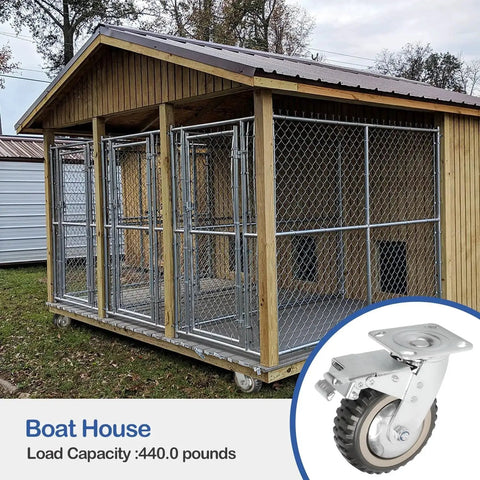 Heavy Duty 6 Inch Caster Wheel Set Of Four For Cart Workbench And Furniture With 360 Degree Swivel And Ball Bearing 1653 Lbs Total Capacity Two Locking And Two Non Locking Anti Skid Casters By Uyoyous attached to a wood and metal boat house.
