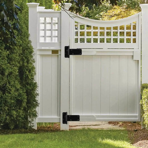 White wooden gate with 6 Inch Heavy Duty Gate Hinges 280 Lbs Capacity Black 4 Pack with Screws, for fences and barn doors.