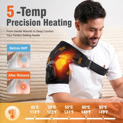 Man using Cordless Shoulder Heating Pad With Detachable Remote, Five Heat Levels And Five Vibration Modes, Heated Shoulder Wrap Massager for pain relief.