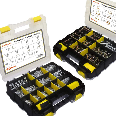 380 Pcs Heavy Duty Pin Kit with square PTO pins, lynch pins, hair pins, R clips, cotter pins, double pins in plastic cases