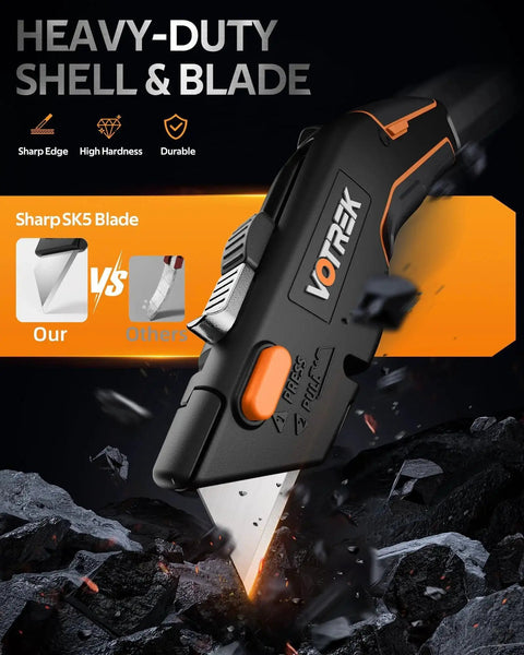 Close-up of Two In One Retractable Box Cutter With Safety Lock showing sharp blade and ergonomic black and orange design.