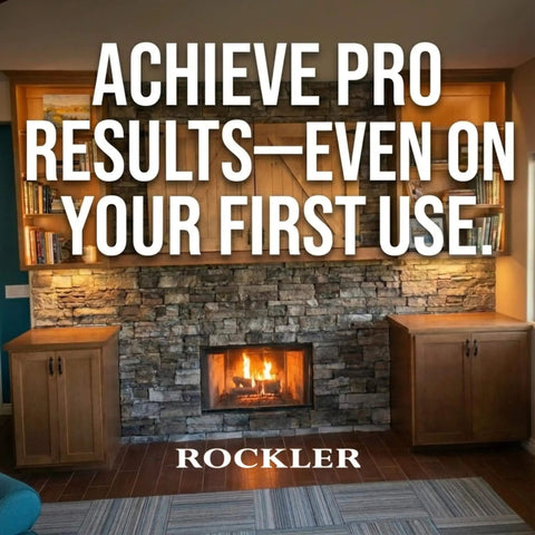 Stone fireplace with wooden cabinets, shelves, and Rockler brand text, showcasing cabinetry setup for woodworking projects.