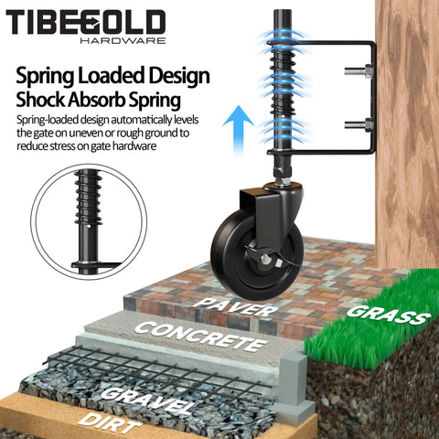 5 Inch Spring Loaded Gate Caster With Side Brake For Outdoor Wooden Gates And Fences, Heavy Duty Wheel With 360 Degree Swivel