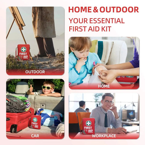 Compact 175 Piece First Aid Kit With Reflective Bag Design for Travel Home Office and Vehicle Use in various settings