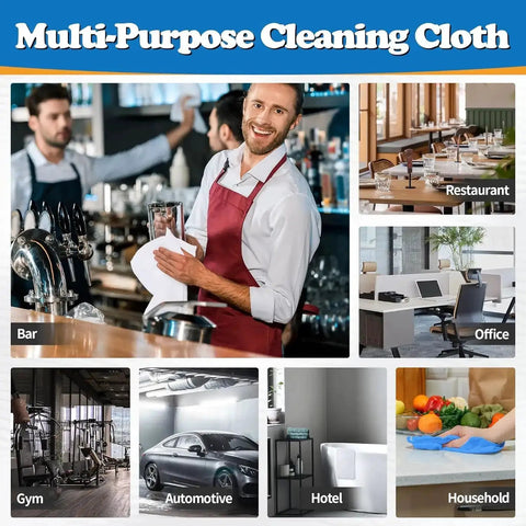 Multi-purpose microfiber cleaning cloth shown in various settings such as bar, restaurant, office, gym, automotive, hotel, and household.