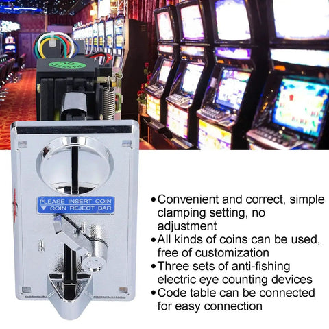 Electronic Coin Acceptor Module For Arcade Vending And Slot Machines, plug and play table mount with anti-fishing eye sensors.