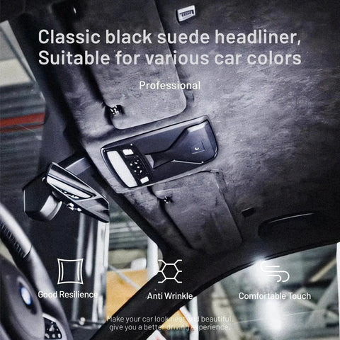 Installed view of Suede Auto Headliner Fabric 98 x 60 With Foam Backing for Black Interior in luxury vehicle.