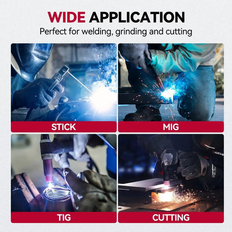 Welding applications showing Stick, MIG, TIG techniques, ideal for True Color Pro Grade Auto Darkening Welding Helmet users.