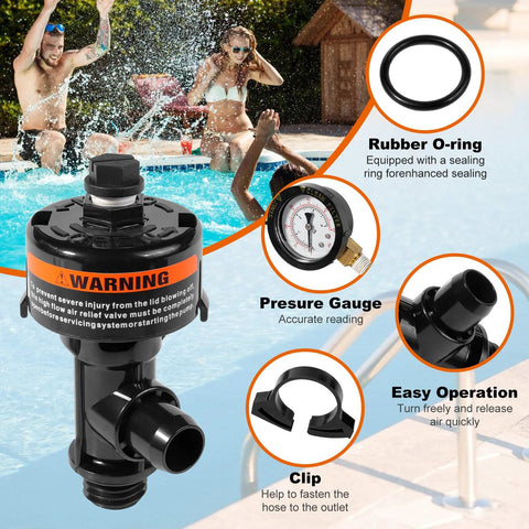 Manual air relief valve assembly for pool filter with pressure gauge, black plastic body, rubber O-ring.