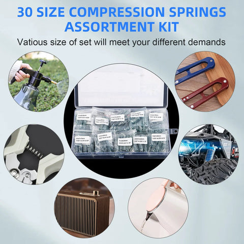 Center view of 300-piece stainless steel compression springs assortment kit in clear case with 30 sizes and individual bags.