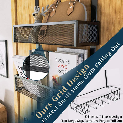 Over The Door Organizer With Nine Coat Hooks And Two Mesh Baskets For Towels And Small Essentials, Extra Long Door Hanger shown with items.
