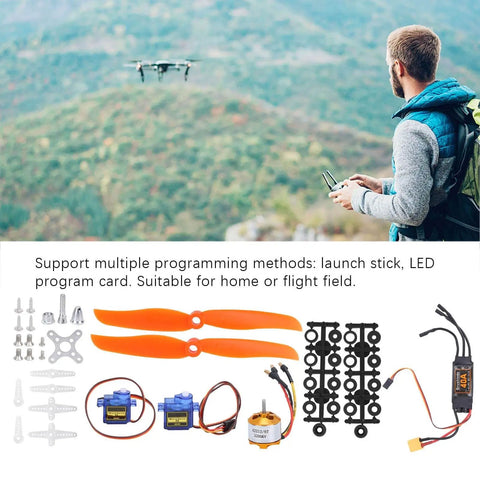 RC Plane Motor Kit With SG90 Servo 2212 KV2200 Brushless Motor 6035 Propeller 40A ESC XT60T displayed with accessories and user flying drone