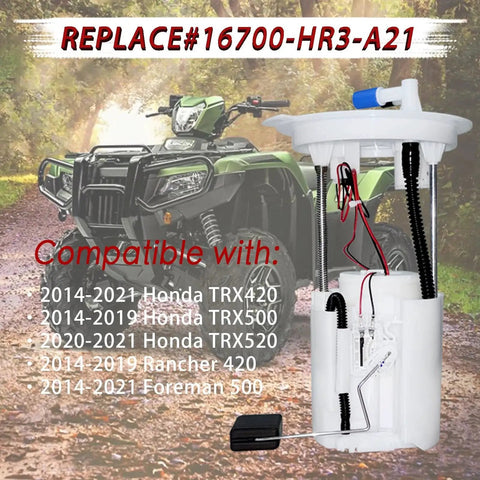 Honda Fuel Pump Assembly 16700 HR3 A21 displayed with a compatible ATV in the background for TRX420 TRX500 TRX520 Foreman 500 Rancher 420 models 2014-2021.