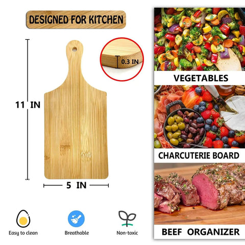 Six Piece 11 By 5 Inch Mini Charcuterie Boards With Handles Set For Crafts Unfinished Wood Cutting Boards Laser Engraving Blank Gift Idea Perfect For Home Entertaining And Gift Giving For DIY Lovers And Small Gatherings displayed with measurements and features.