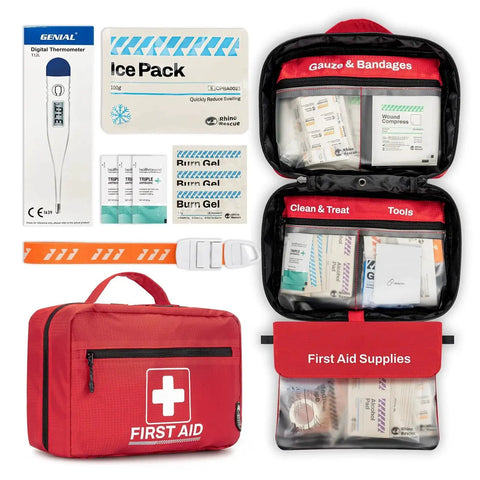 Grab And Go All Purpose First Aid Kit For Home And Office Ready For Emergencies With Thermometer Ice Packs Burn Gel Bandages And Antibiotics From Rhino Rescue Ideal For School Work Car And Camping, contents displayed