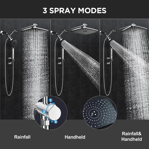 11.8 Inch Rain Shower Head With Handheld And Detachable Dual Showerhead Chrome showing three spray modes