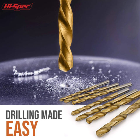 Versatile 99 Piece Drill Bit Set For Metal Wood Plastic With Storage Case And SAE High Speed Steel Bits displayed on metal surface.