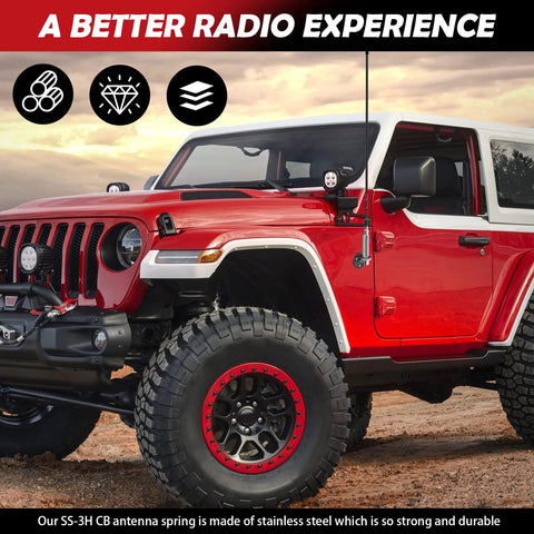 Marketty SS-3H stainless steel CB antenna spring mounted on a red Jeep front fender.