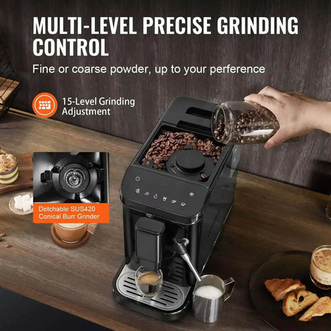 Automatic Espresso Machine With Built In Grinder, 20 Bar Pressure, Frother Steam Wand, 15 Grinding Settings, 1.5L Water Tank displayed.