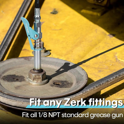 Heavy Duty Quick Release Grease Gun Coupler With Locking 6 Jaw System And Zerk Fittings Cleaner on machinery