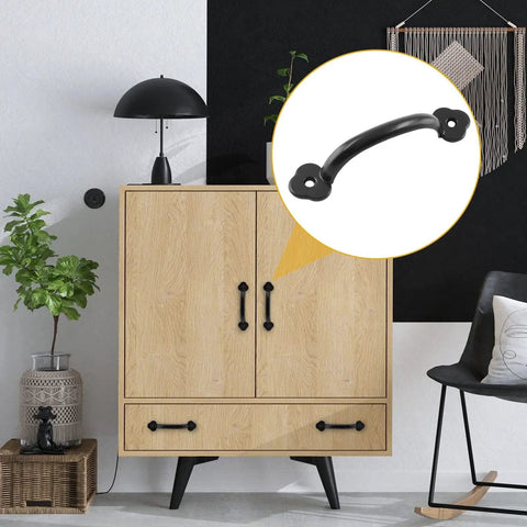 12 Piece Antique Plum Blossom Zinc Alloy Door And Drawer Pulls Set installed on cabinet, black gate handles 4 inch length, 3.2 inch spacing