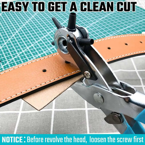 Revolving Leather Hole Punch Tool With 6 Size Covers 2mm to 4.5mm 8 inch in use on a leather belt, close-up view showing punch mechanism.