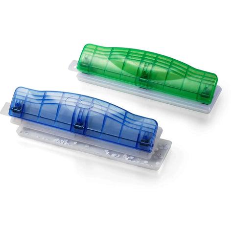 Translucent Plastic 3 Hole Punch With 8 Sheet Capacity For Quick Office Paper Punching In Red Blue And Green Assorted Colors shown in blue and green