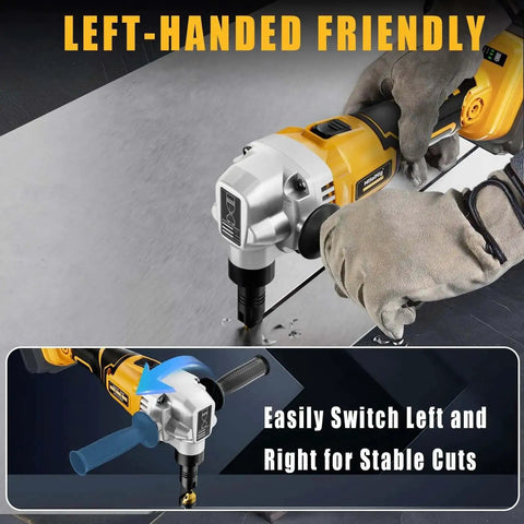Beast Mode Cordless Metal Nibbler With Assist Handle cutting sheet metal, left-handed use, compatible with DeWalt 20V Battery, 2 blades included.