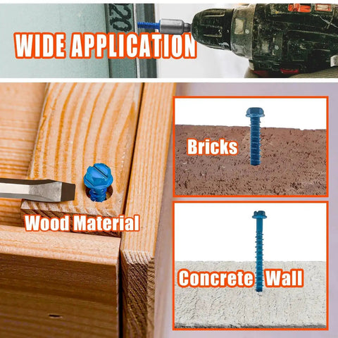 Beefed-Up Concrete Screws Kit With Drill Bits And Driver Bits, showing screws in wood, brick, and concrete surfaces