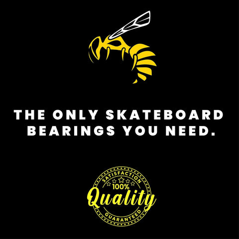 Skateboard bearings ad banner with yellow hornet logo on black, The only skateboard bearings you need, gold quality badge