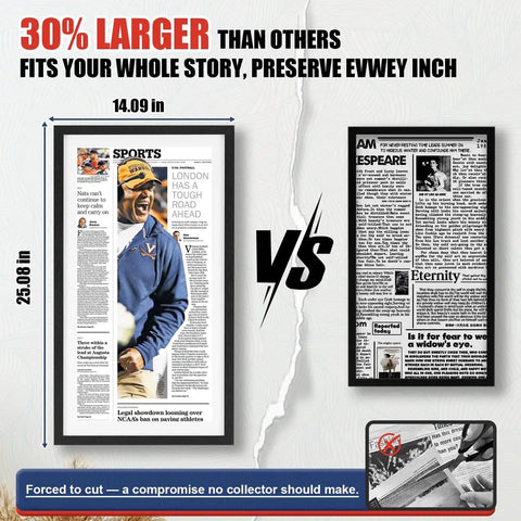 Comparison of newspaper display frame sizes showing larger dimensional fit preserving full content with premium wood and acrylic panel