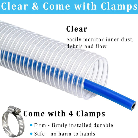 Close-up of 2 Inch By 10 Foot Clear PVC Dust Collection Hose With Carbon Steel Wire, visible blue inner layer and clamp, puncture resistant.