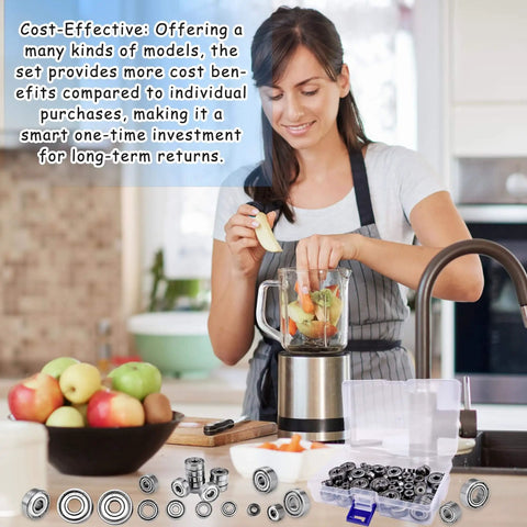Woman using a blender in a kitchen with 70-Piece Sealed Ball Bearing Assortment Kit 608ZZ 693ZZ 623ZZ and storage box on counter.