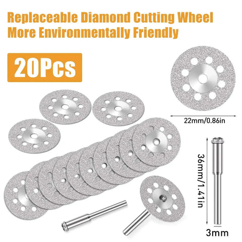 20 Piece Diamond Cut Off Wheel Set 22 Mm For Dremel And Rotary Tools With 3 Mm Mandrel And Screwdriver Includes Thin Sharp Aluminum Oxide Discs For Fast Metal Cutting And Grinding