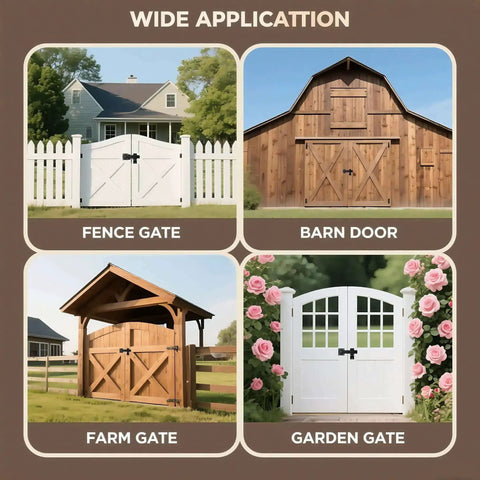 Wide application of Heavy Duty 6 Inch Barn Door Flip Latch for sliding doors and gates, showing fence gate, barn door, farm gate, garden gate.