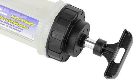Close-up of 1.5 Liter Fluid Evacuator and Dispensing Syringe with Twist Valve ATF Adapter, showing handle and nozzle.