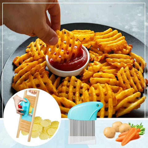 Hand using Three Piece Waffle Fry Cutter Set With Potato Lattice Maker Crinkle Cutter And Wavy Carrot Slicer Stainless Steel Knives