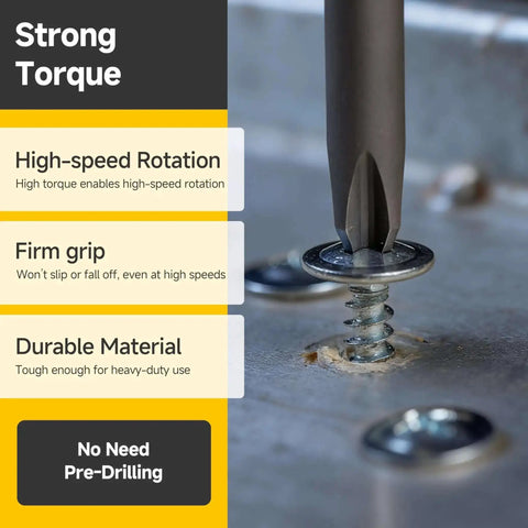 All In One 185 Piece 8 Self Tapping Screws Kit for Metal Plastic and Wood, close-up of screw being installed on metal surface with drill