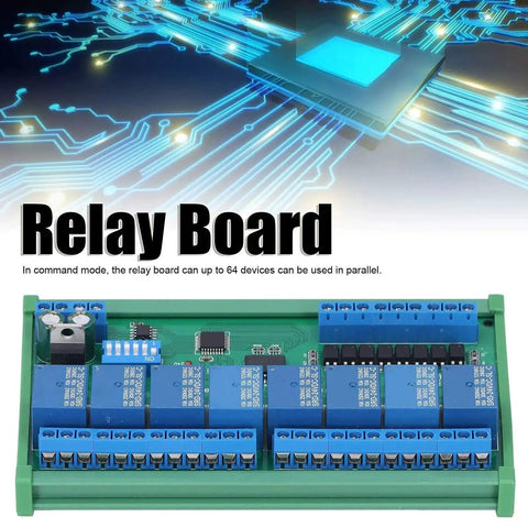 RS485 Relay Board 24V Industrial Relay Module With 8 Inputs And 8 Outputs DIN Rail PLC Expansion shown with digital network graphic